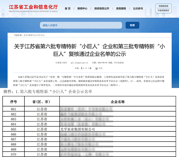 尤孚泵业集团荣获国家级专精特新“小巨人”称号